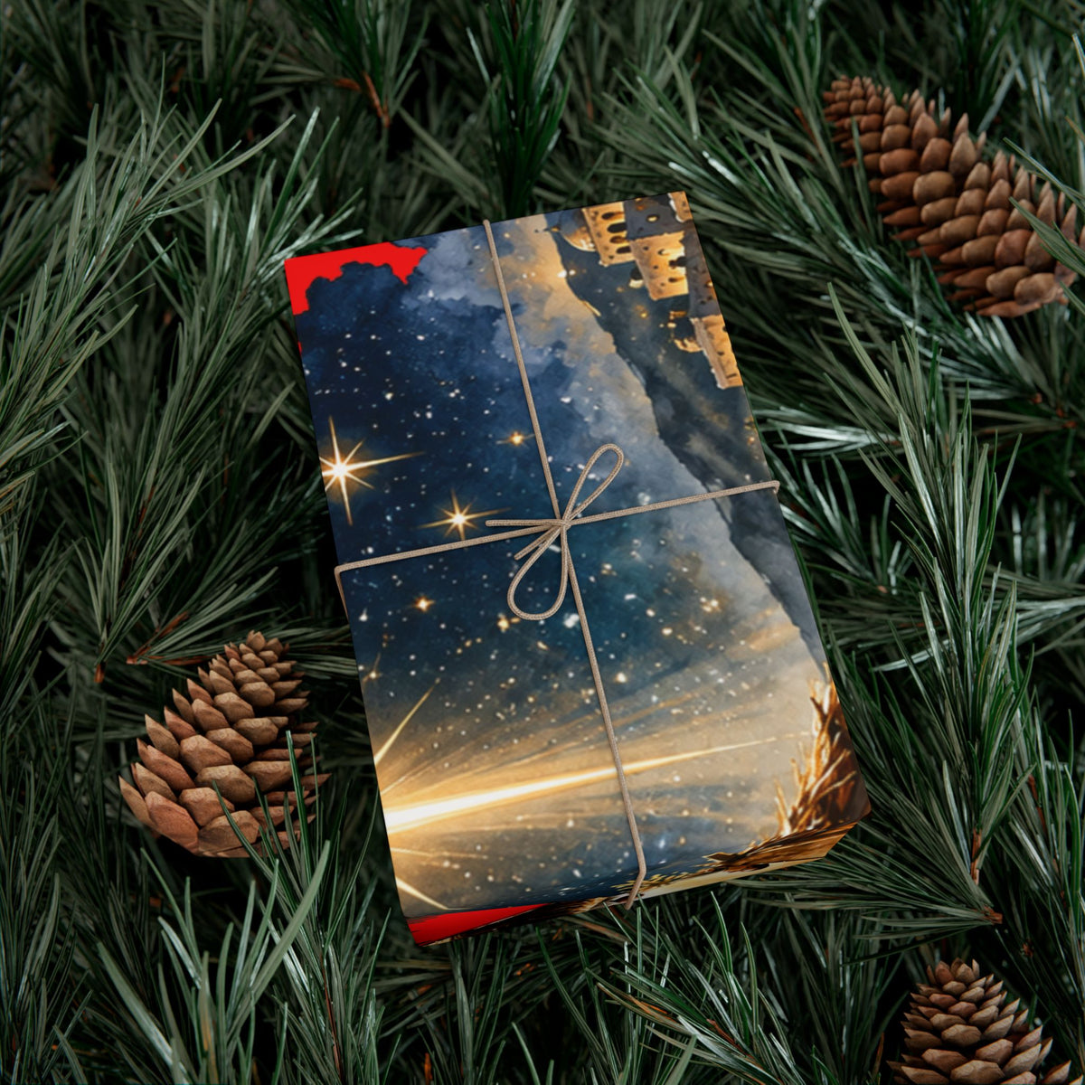 Gift Wrap Paper – Red & Gold Holiday Nativity Design