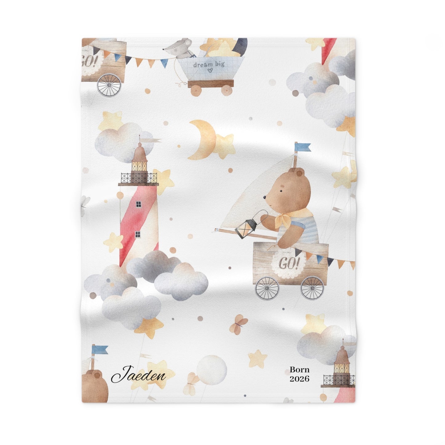 Personalized Baby Blanket - Cute Bear Rocket Nursery Fleece (Custom Name & Birth Year)