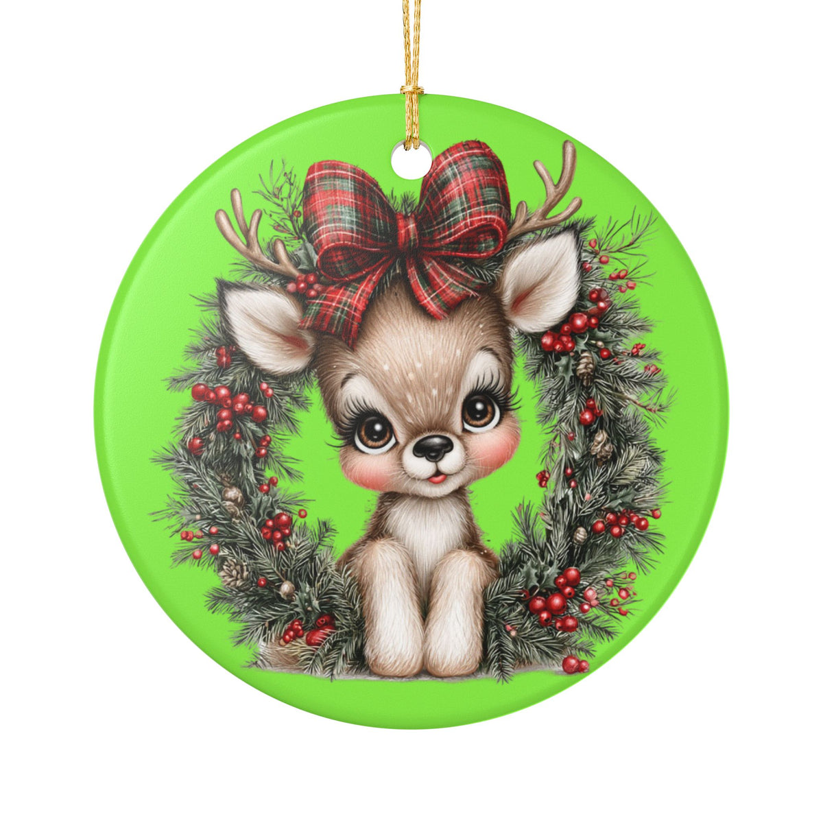 Cute Reindeer Wreath Ceramic Ornament – Christmas Tree Decoration