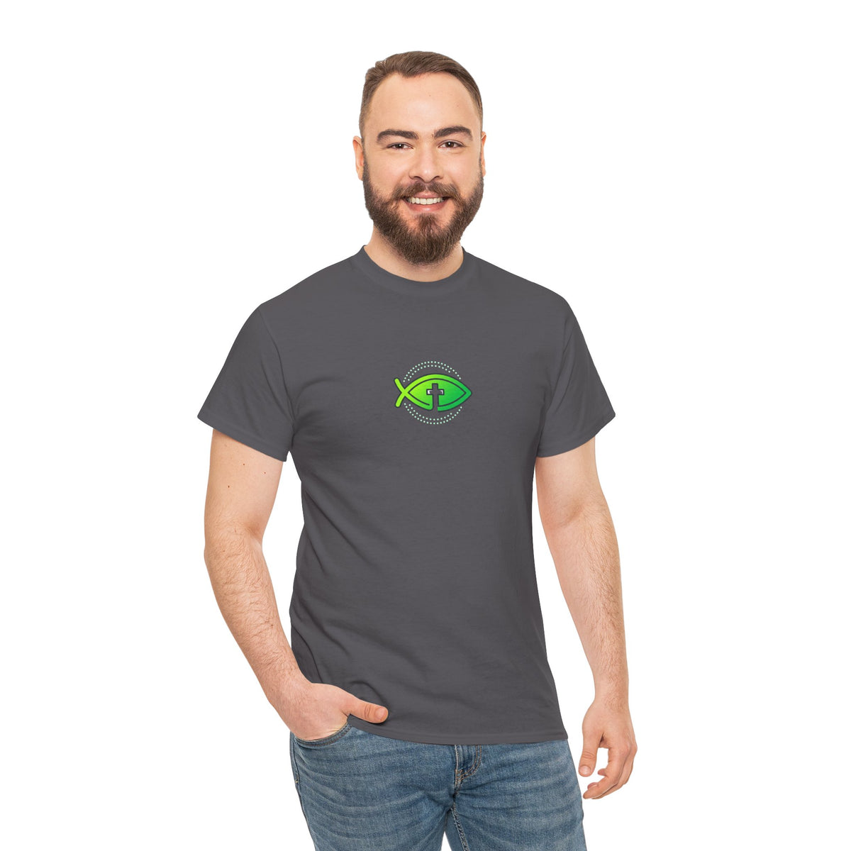 Christian Fish Logo Tee — Green Ichthys Symbol T-Shirt