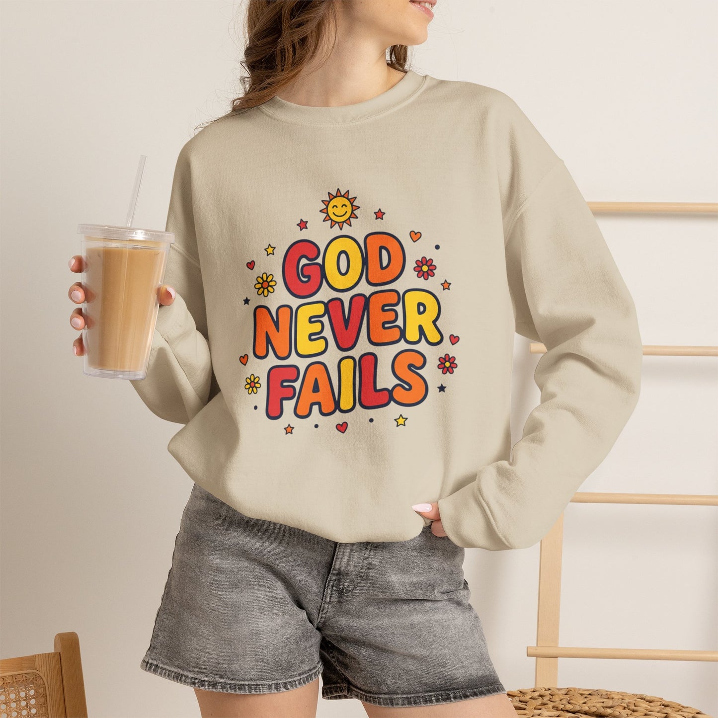 God Never Fails Crewneck Sweatshirt | Christian Encouragement, Retro Pastel Groovy