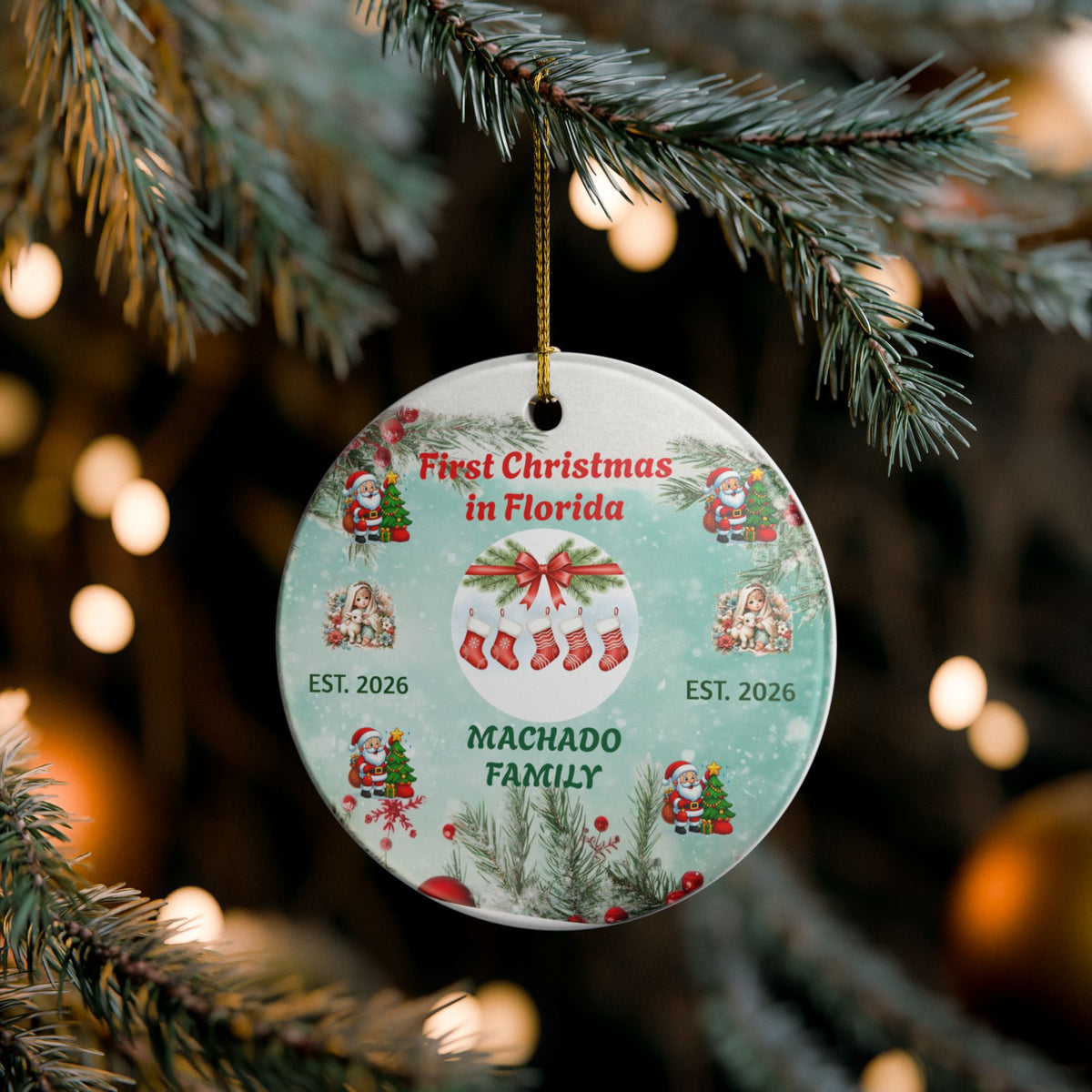 First Christmas in Florida Ceramic Ornament — Personalized Family Name & Holiday Decoration