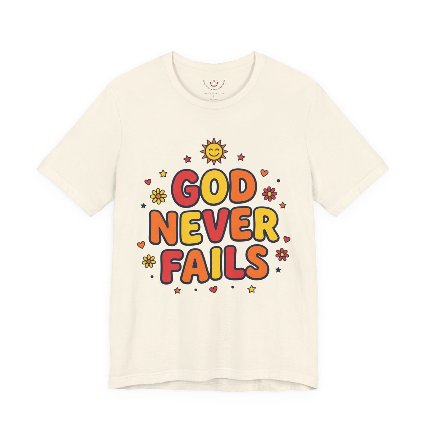God Never Fails Tee | Christian encouragement, retro groovy pastel