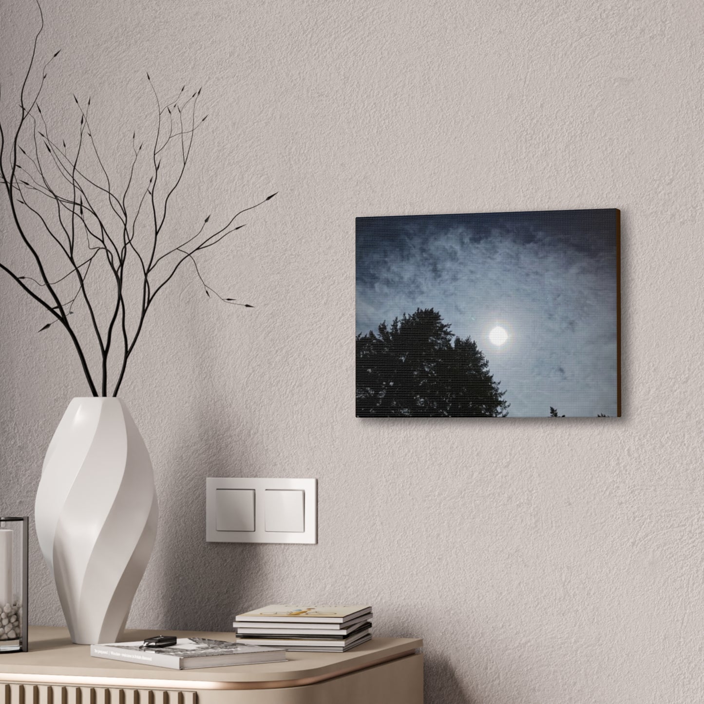 Ethereal Moon Over Trees Canvas Wall Art — Night Sky Photography