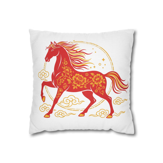 Chinese New Year Horse Pillowcase — Red Floral Zodiac Decorative Throw Pillow