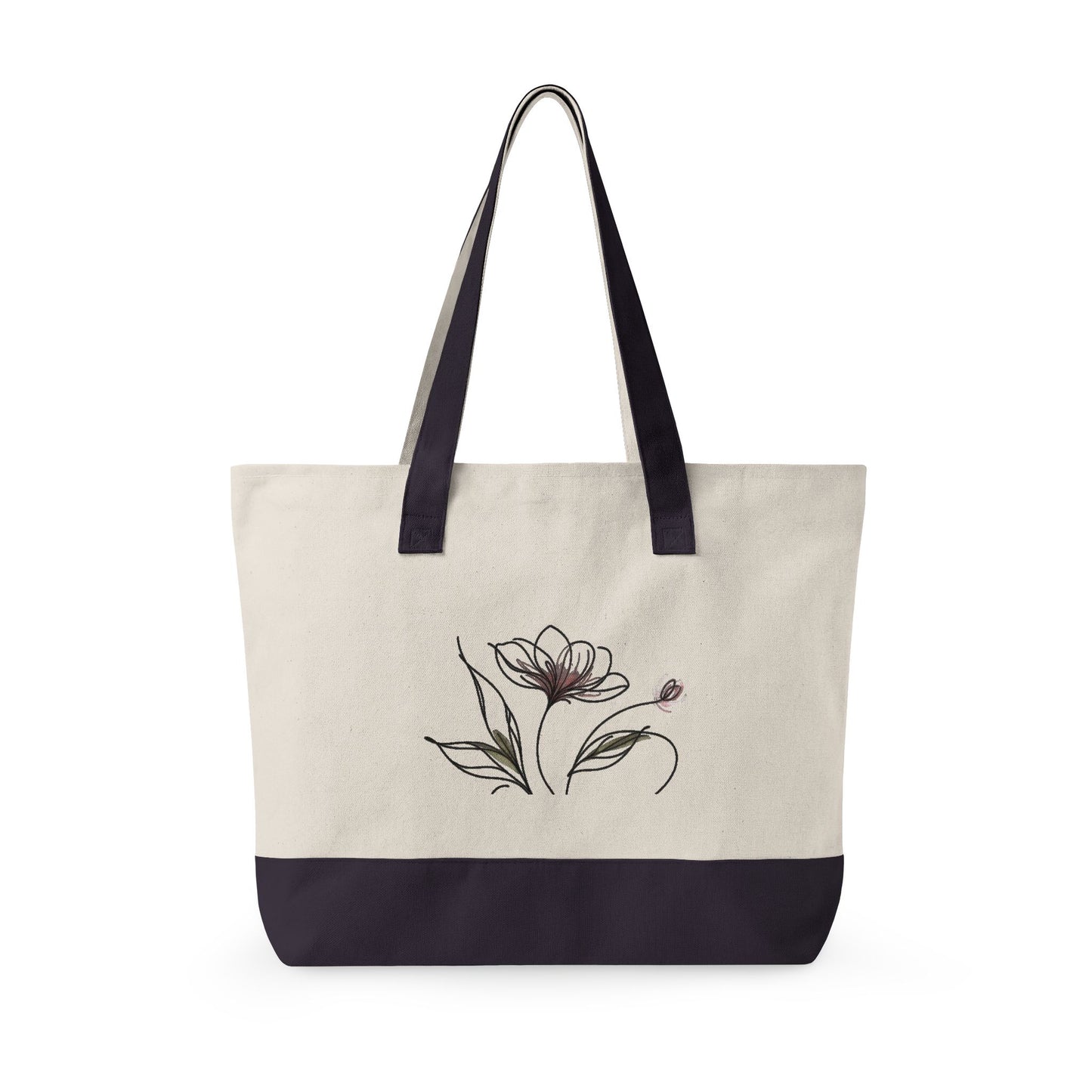 Floral Canvas Tote Bag — Zippered Pink-Trim Flower Design