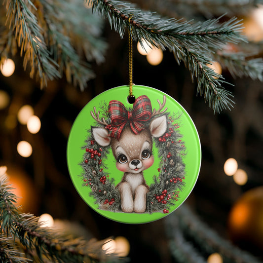 Cute Reindeer Wreath Ceramic Ornament – Christmas Tree Decoration