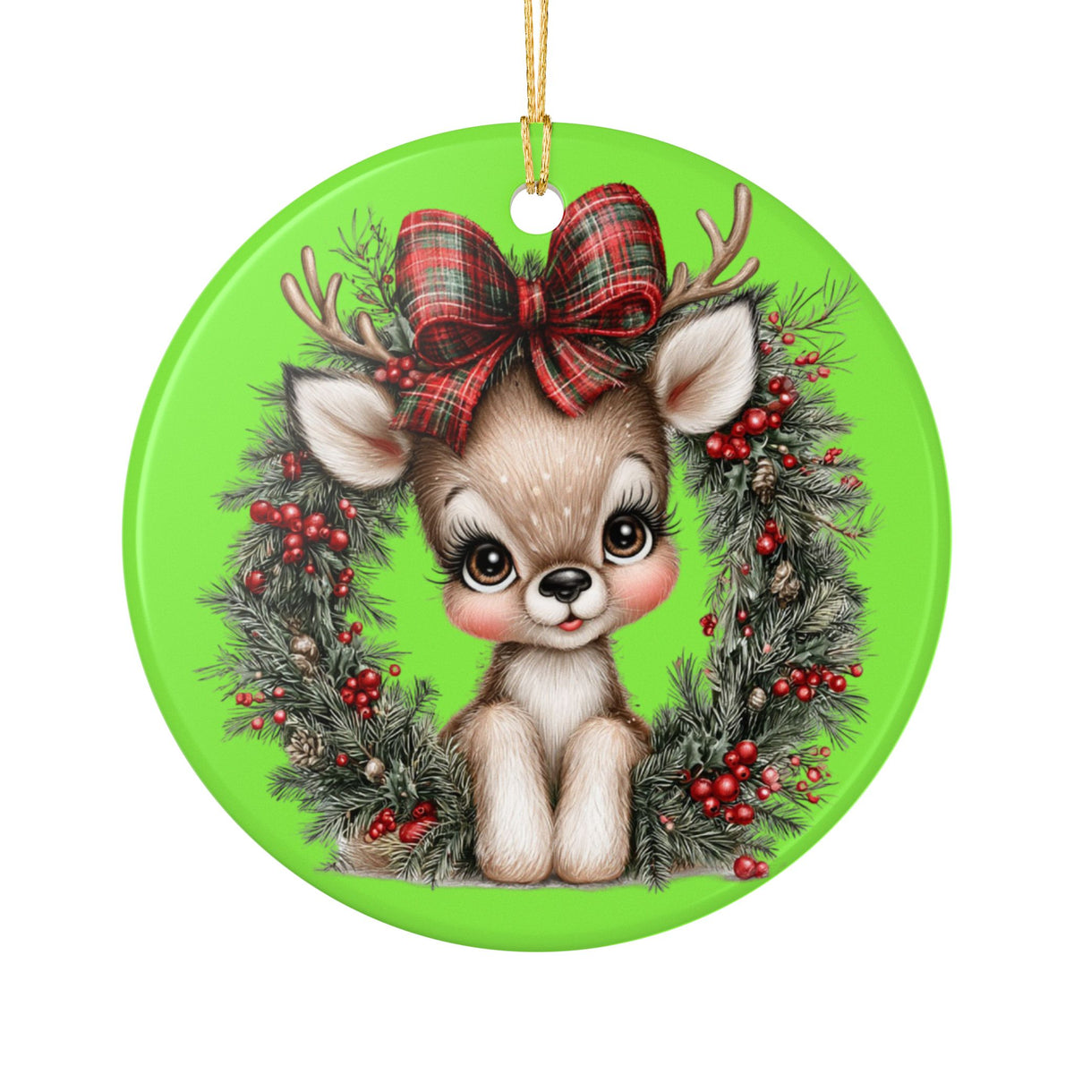 Cute Reindeer Wreath Ceramic Ornament – Christmas Tree Decoration