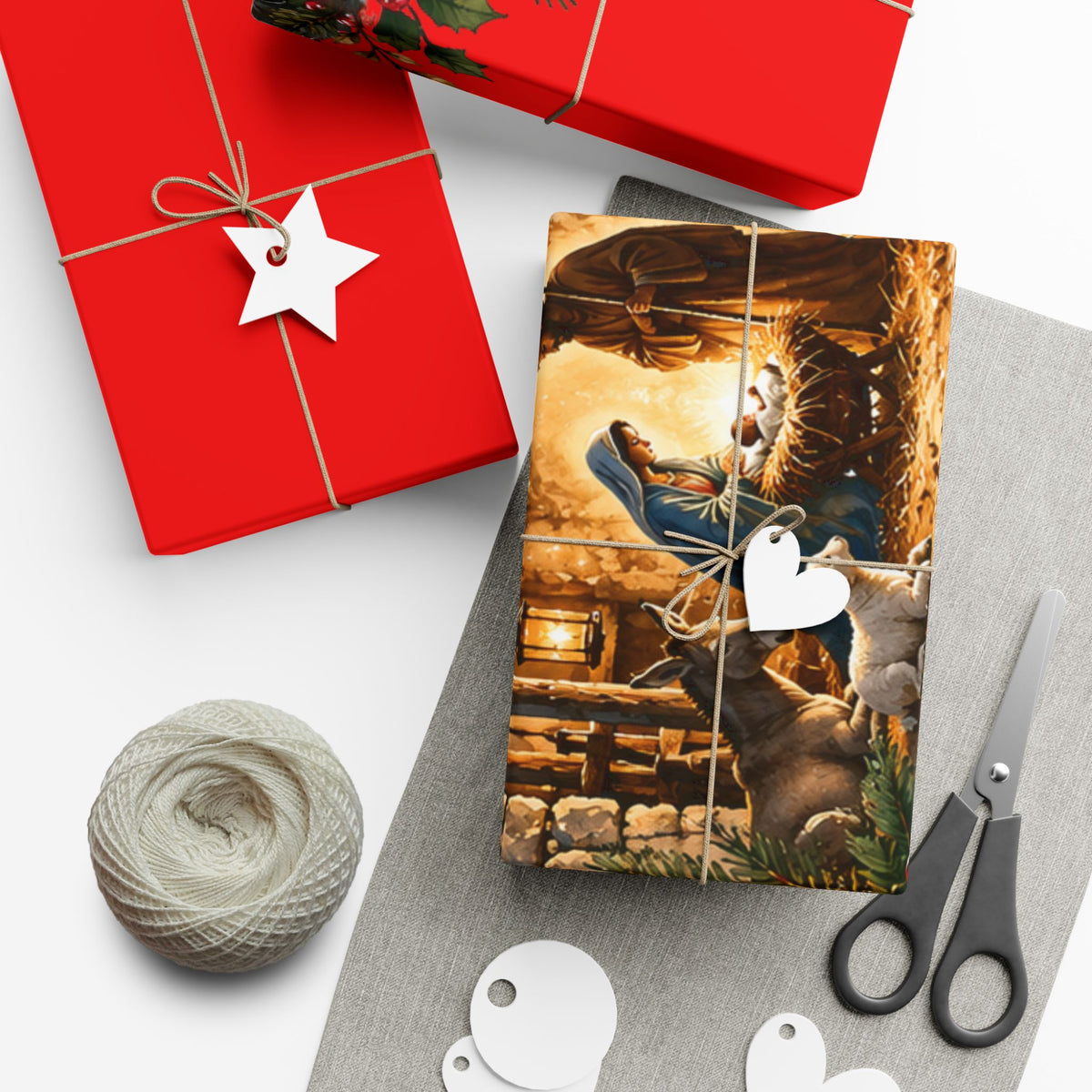Gift Wrap Paper – Red & Gold Holiday Nativity Design