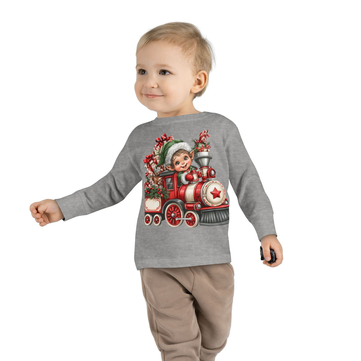 Toddler Tee — Cute Elf on Christmas Train Long Sleeve
