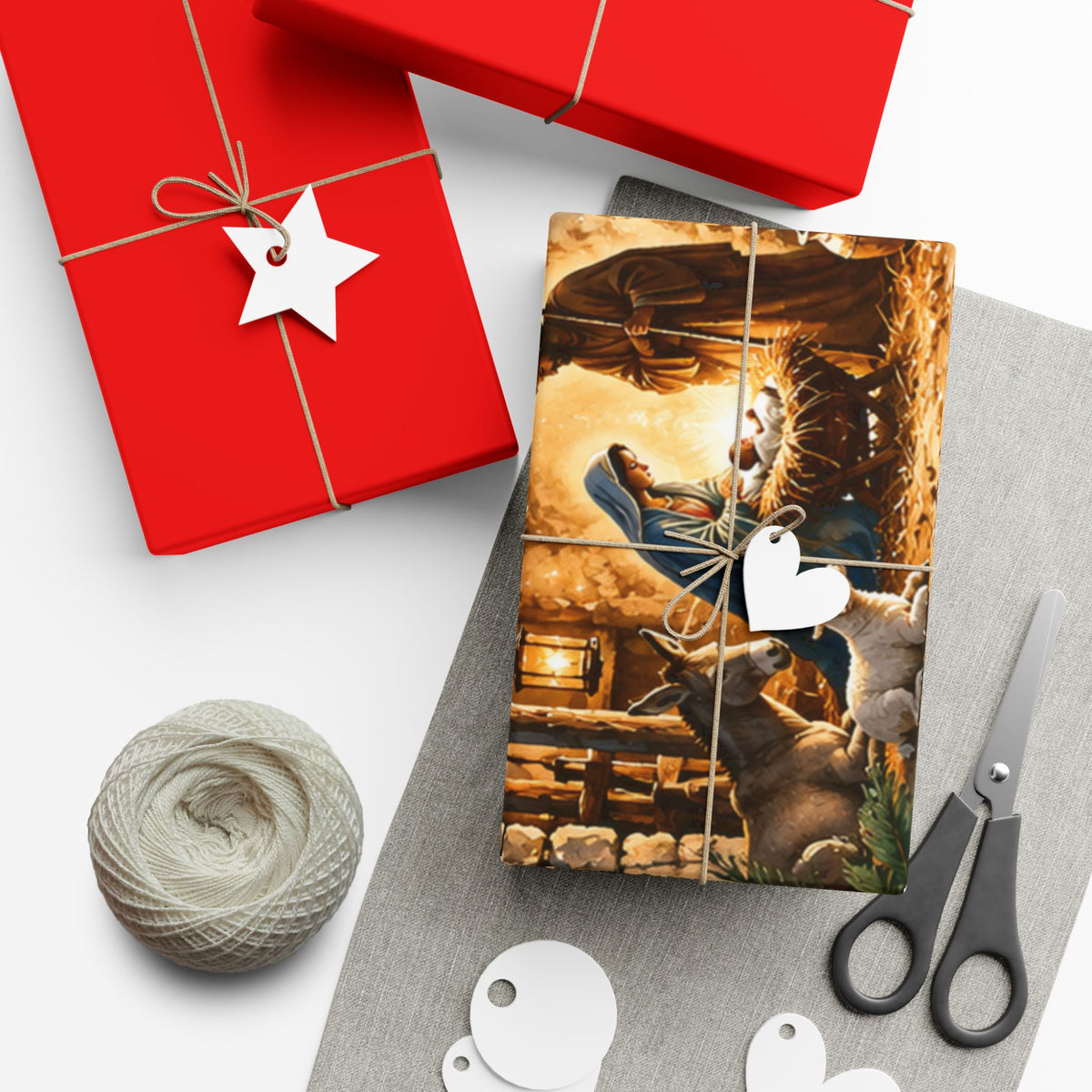 Gift Wrap Paper – Red & Gold Holiday Nativity Design