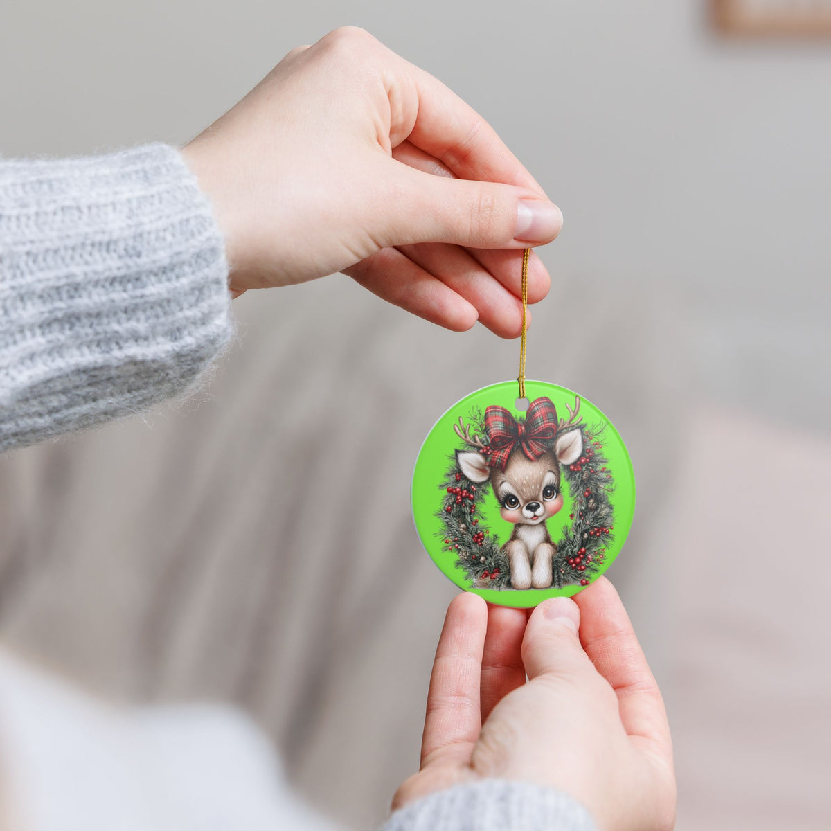 Cute Reindeer Wreath Ceramic Ornament – Christmas Tree Decoration