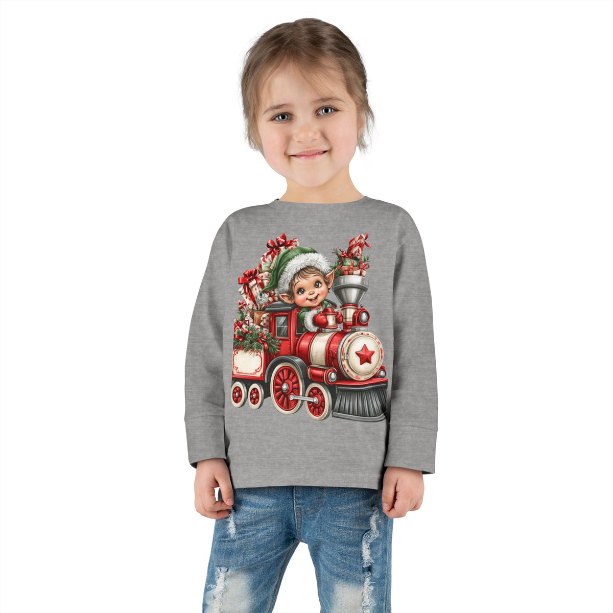 Toddler Tee — Cute Elf on Christmas Train Long Sleeve