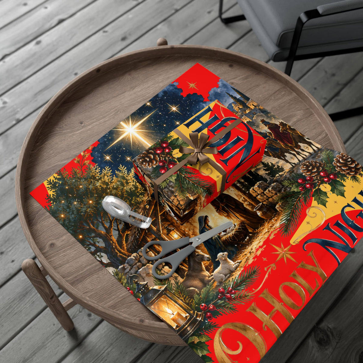 Gift Wrap Paper – Red & Gold Holiday Nativity Design