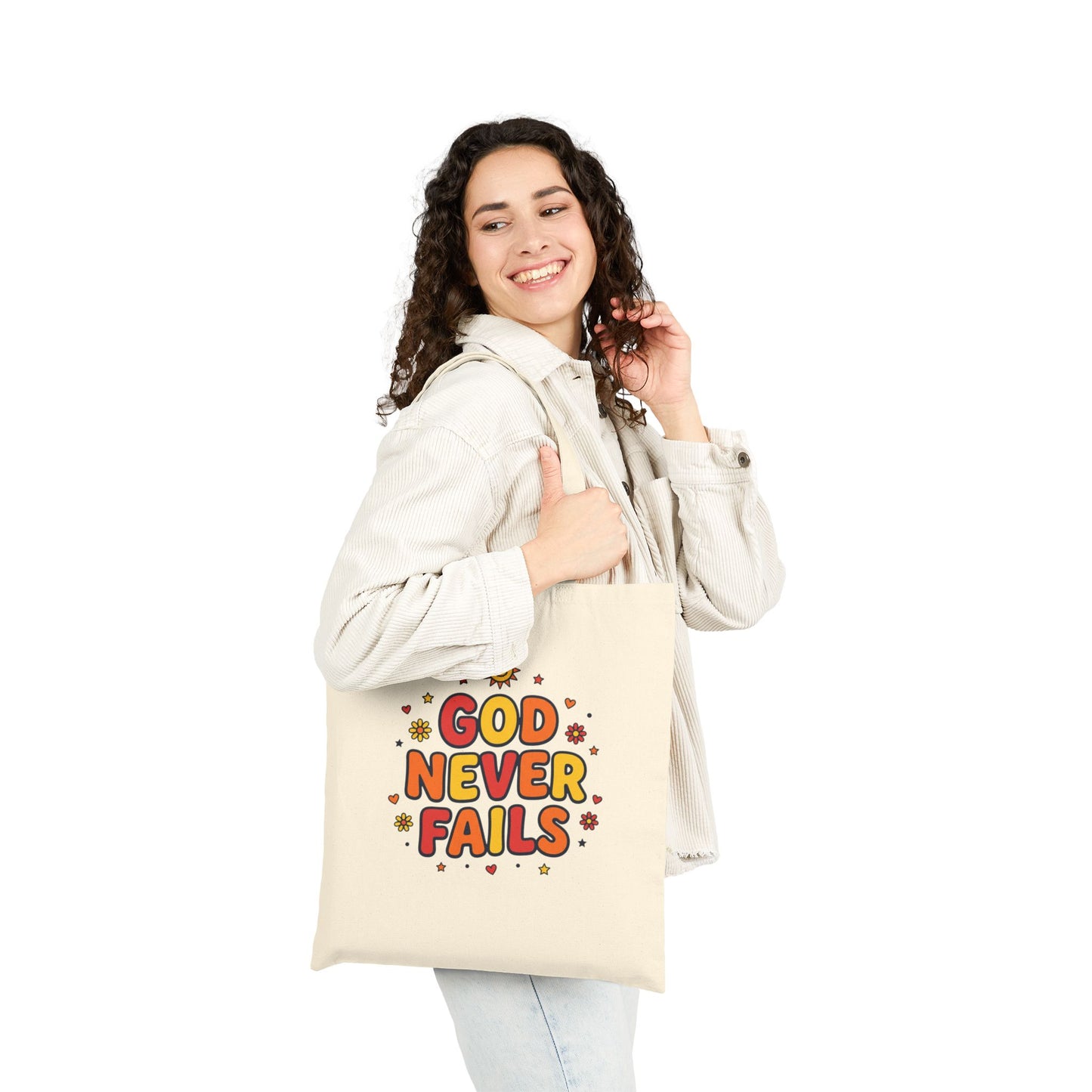 God Never Fails Tote | Colorful Christian Encouragement, Retro Pastel Groovy Scripture