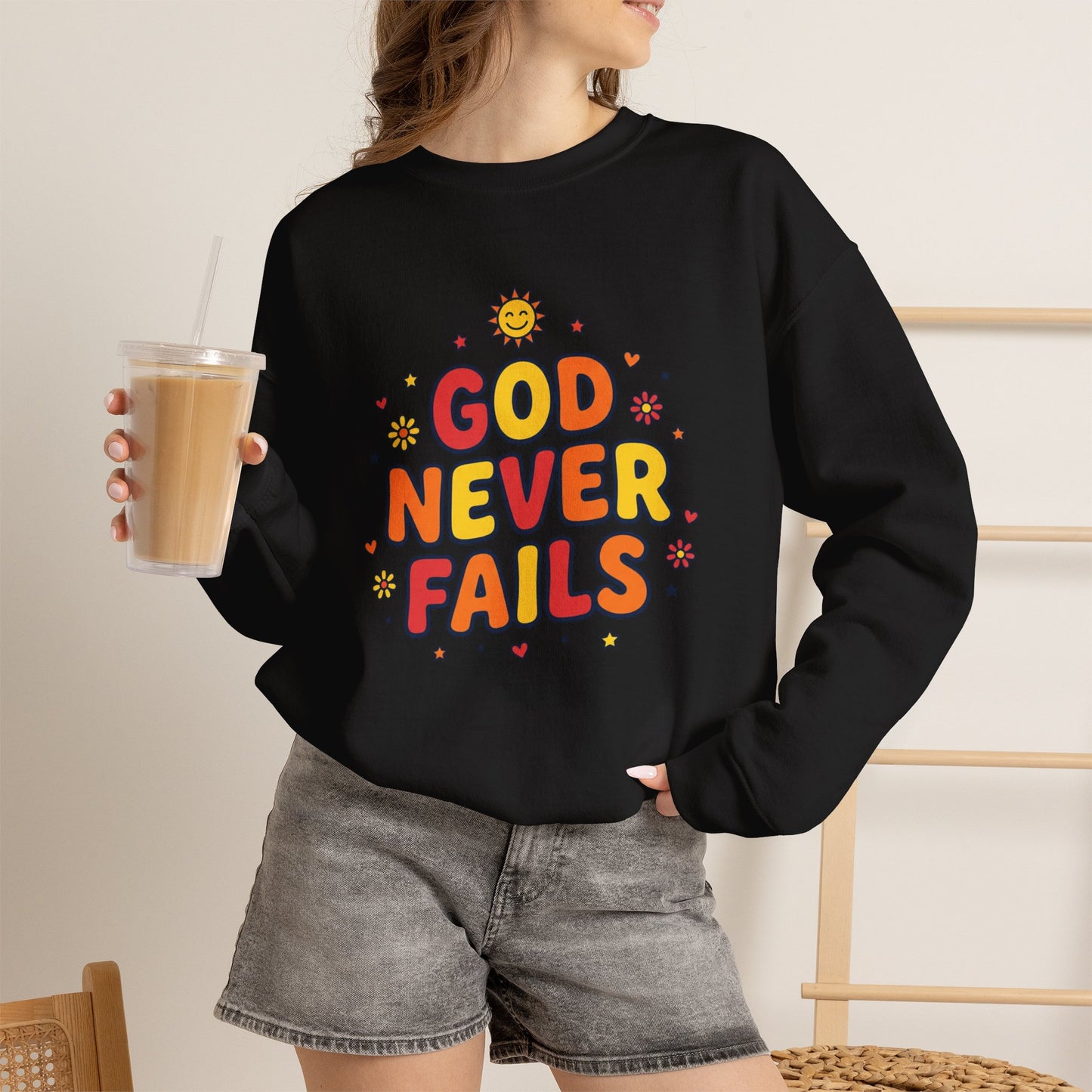 God Never Fails Crewneck Sweatshirt | Christian Encouragement, Retro Pastel Groovy