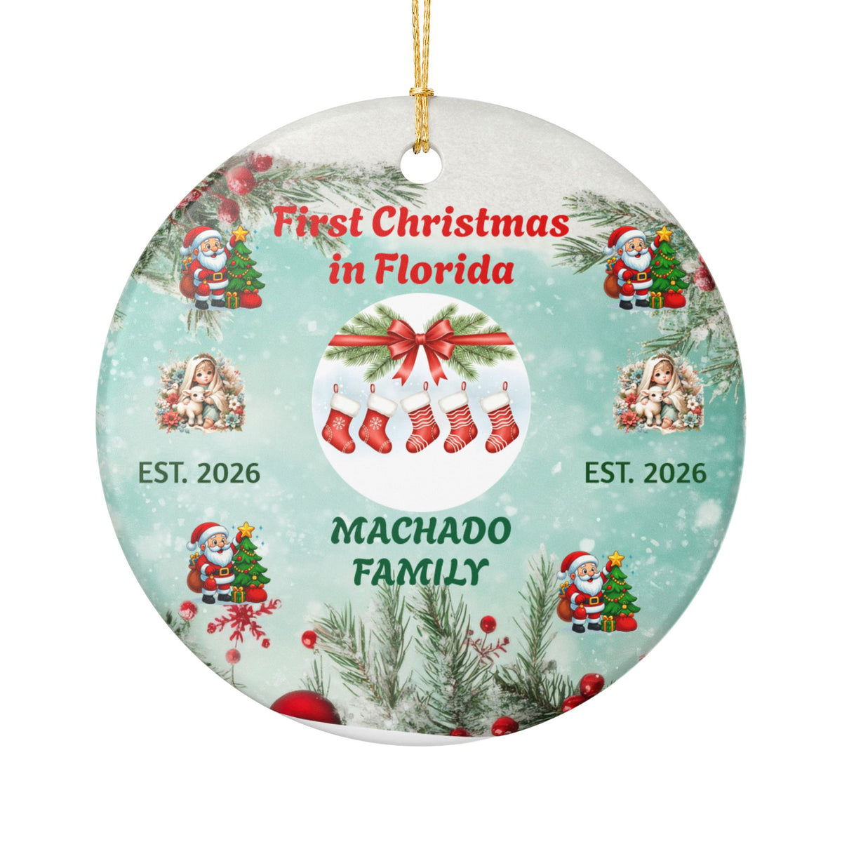 First Christmas in Florida Ceramic Ornament — Personalized Family Name & Holiday Decoration