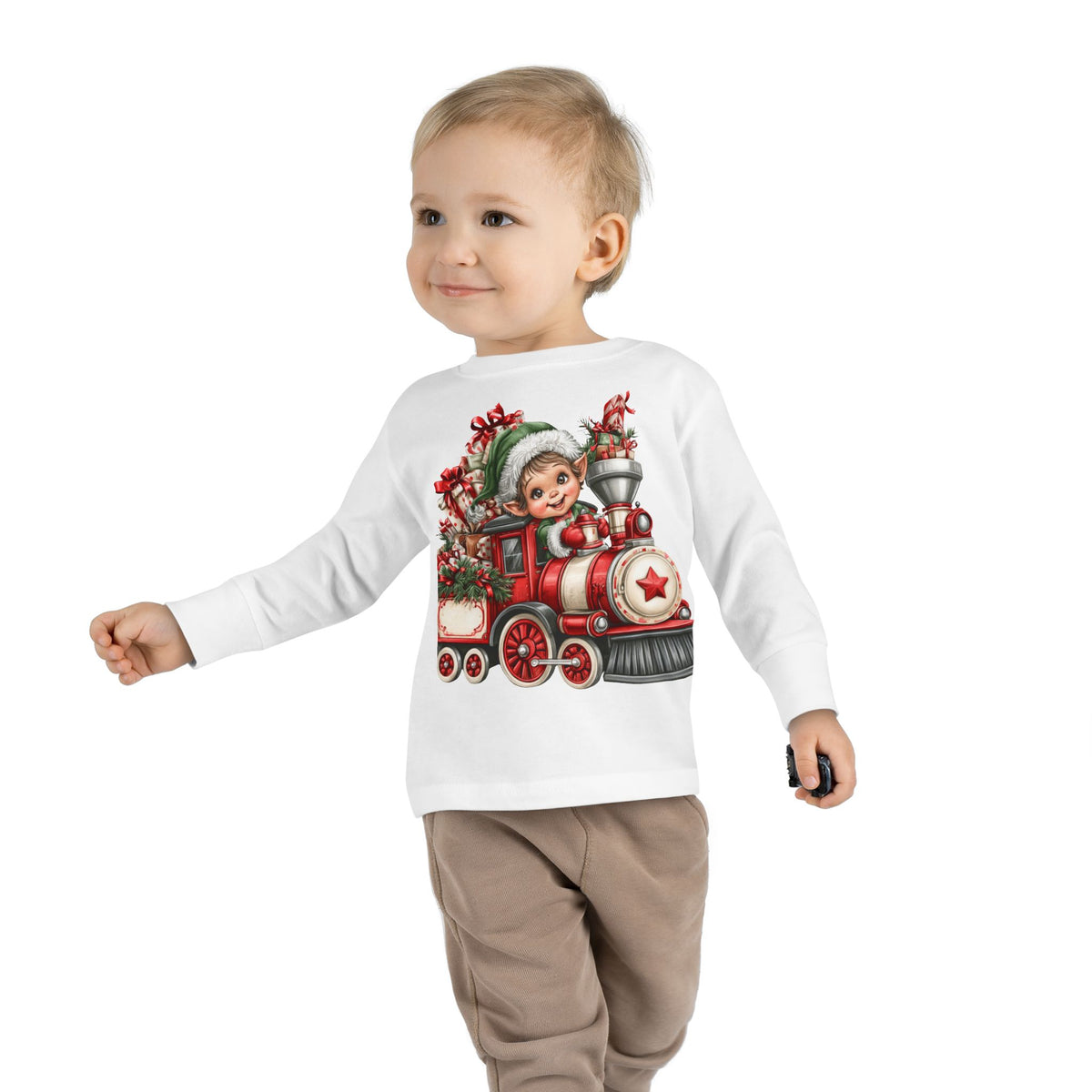 Toddler Tee — Cute Elf on Christmas Train Long Sleeve