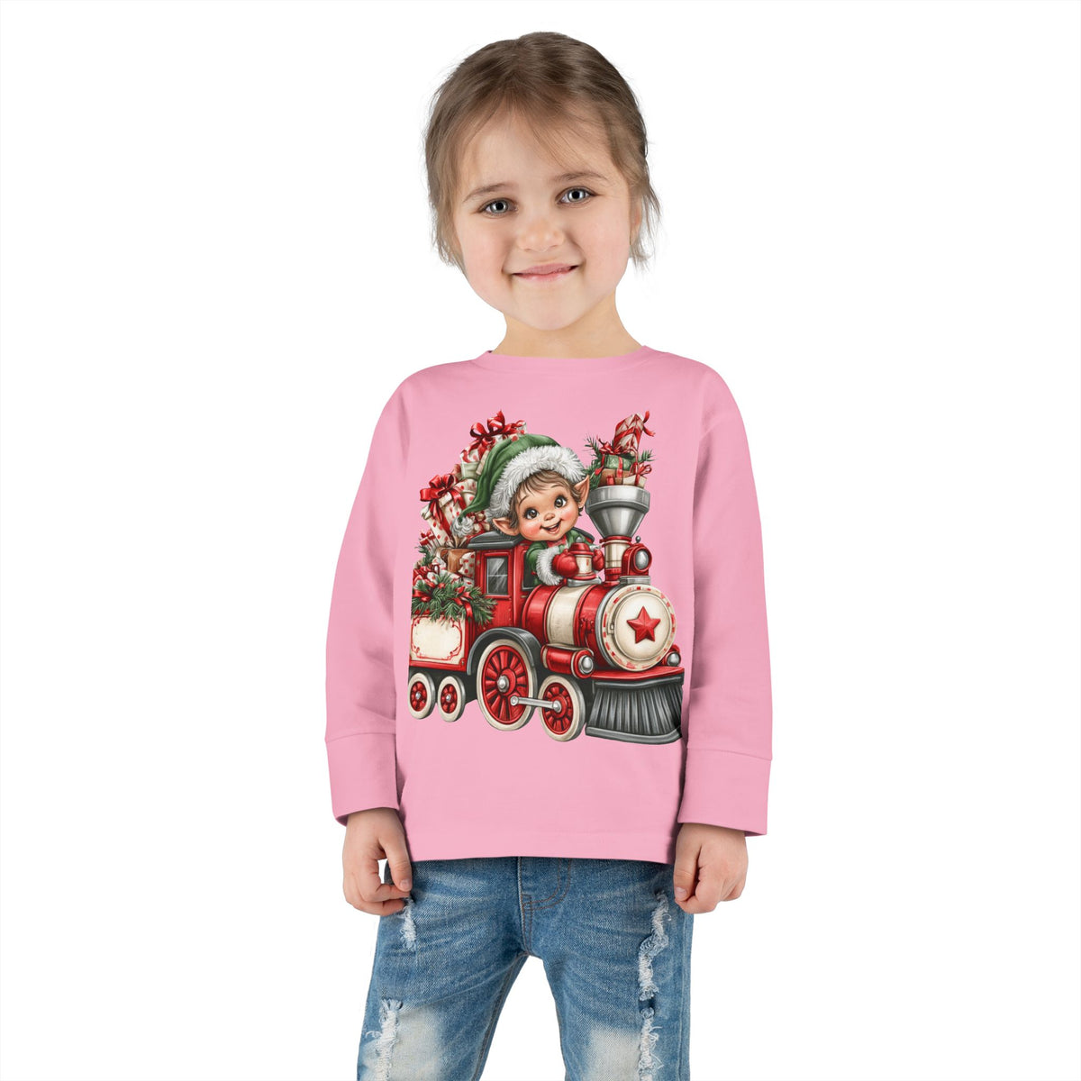 Toddler Tee — Cute Elf on Christmas Train Long Sleeve