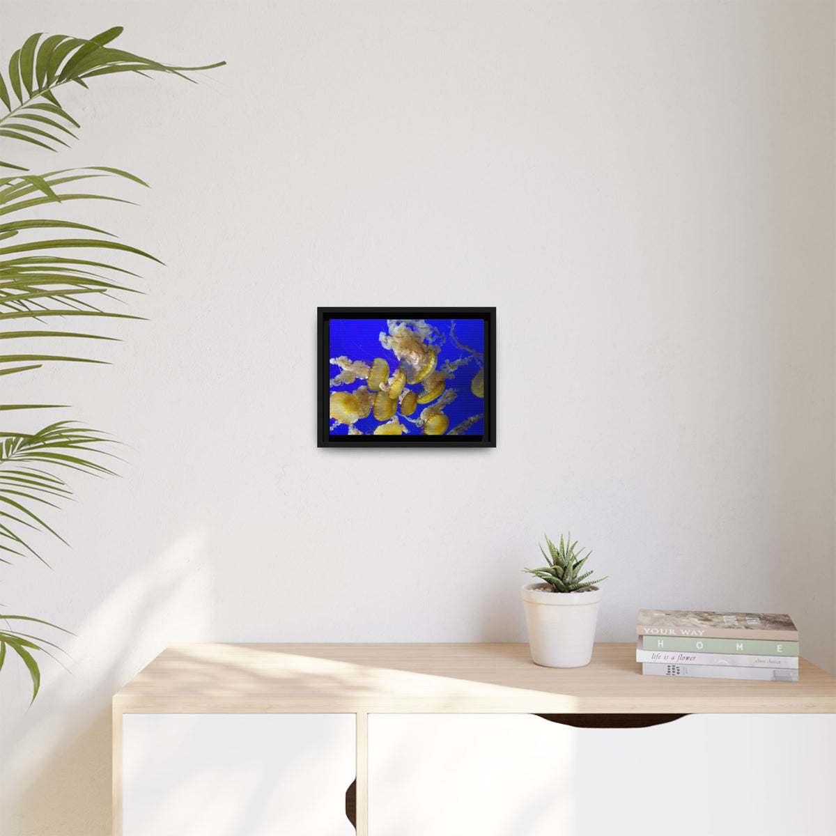 Framed Jellyfish Canvas Print — Golden Jellyfish on Deep Blue Matte
