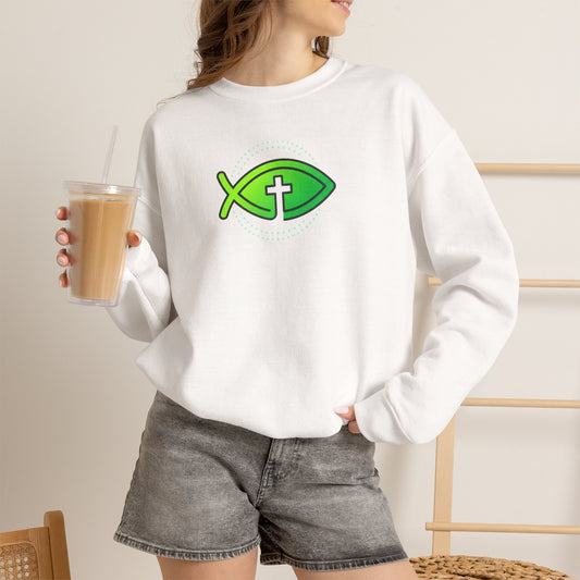Christian Ichthys Fish Crewneck Sweatshirt - Green Cross Faith Design