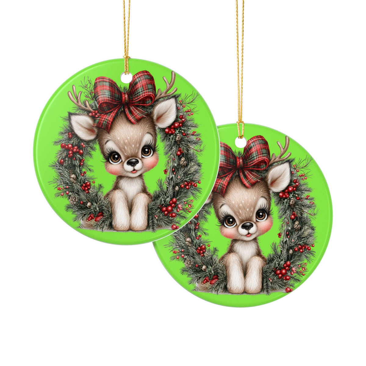 Cute Reindeer Wreath Ceramic Ornament – Christmas Tree Decoration