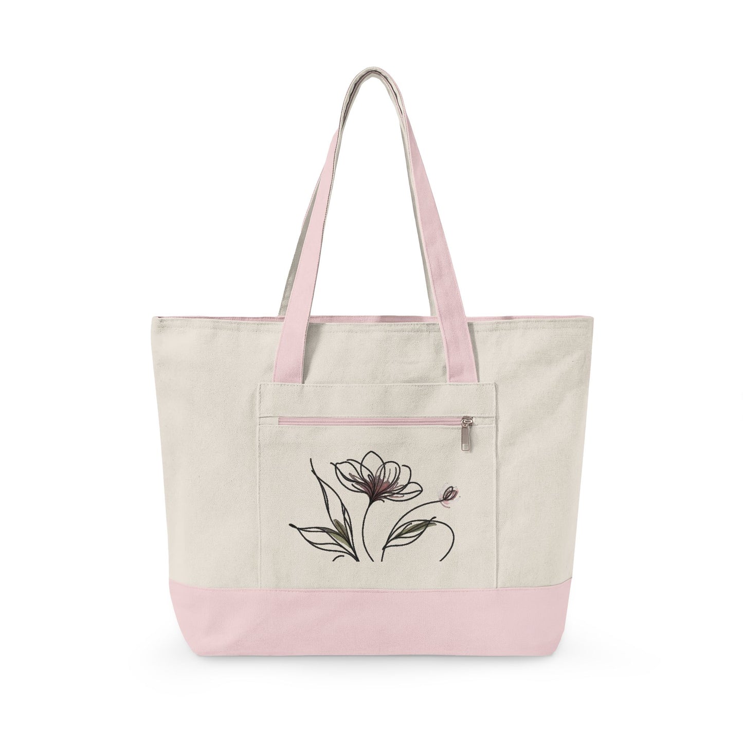 Floral Canvas Tote Bag — Zippered Pink-Trim Flower Design