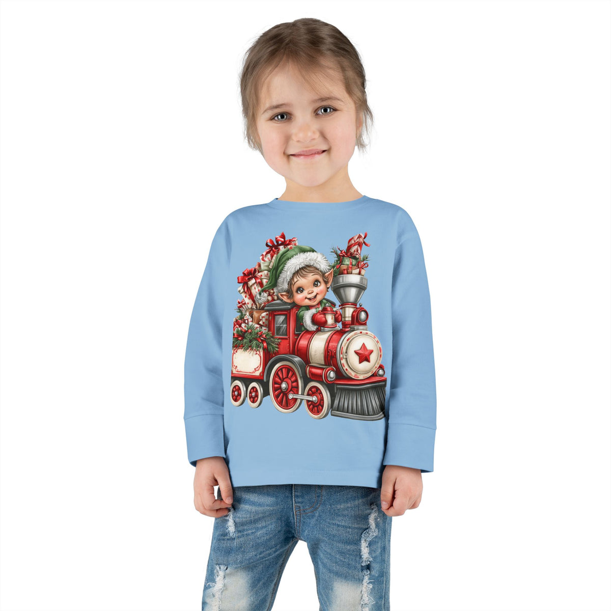 Toddler Tee — Cute Elf on Christmas Train Long Sleeve