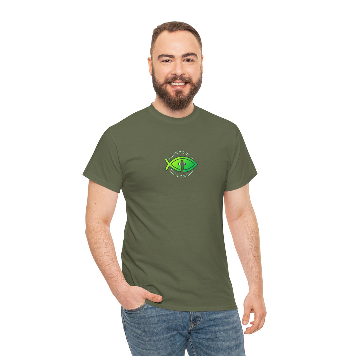 Christian Fish Logo Tee — Green Ichthys Symbol T-Shirt