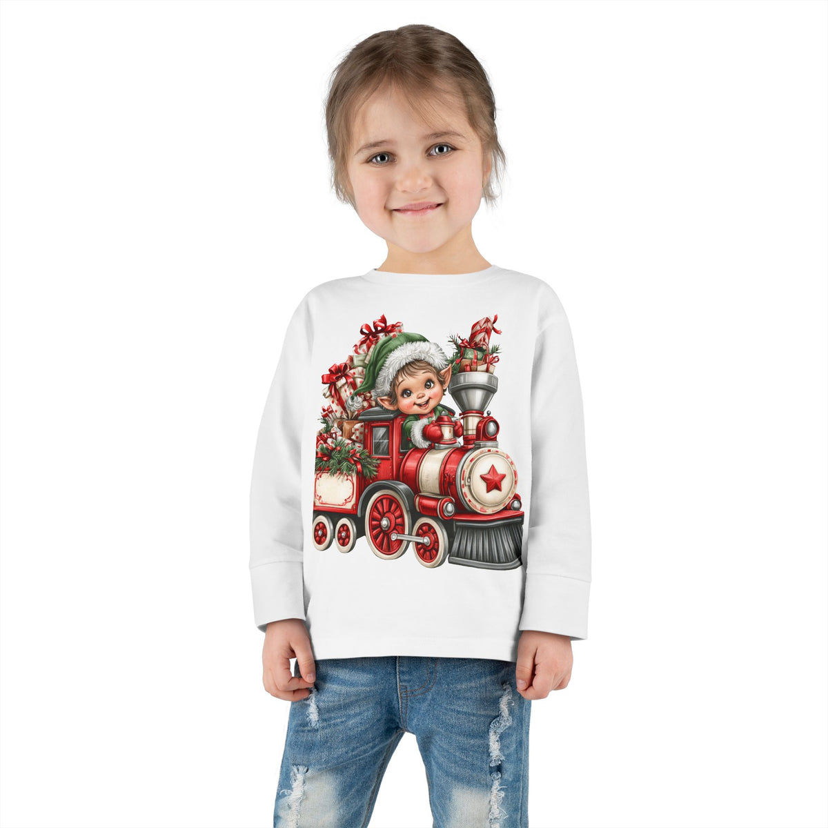 Toddler Tee — Cute Elf on Christmas Train Long Sleeve