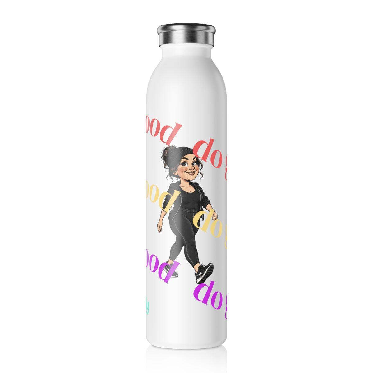 Slim Water Bottle — 'Be Good' Motivational Fitness Bottle with Walking Cartoon and Custom Name