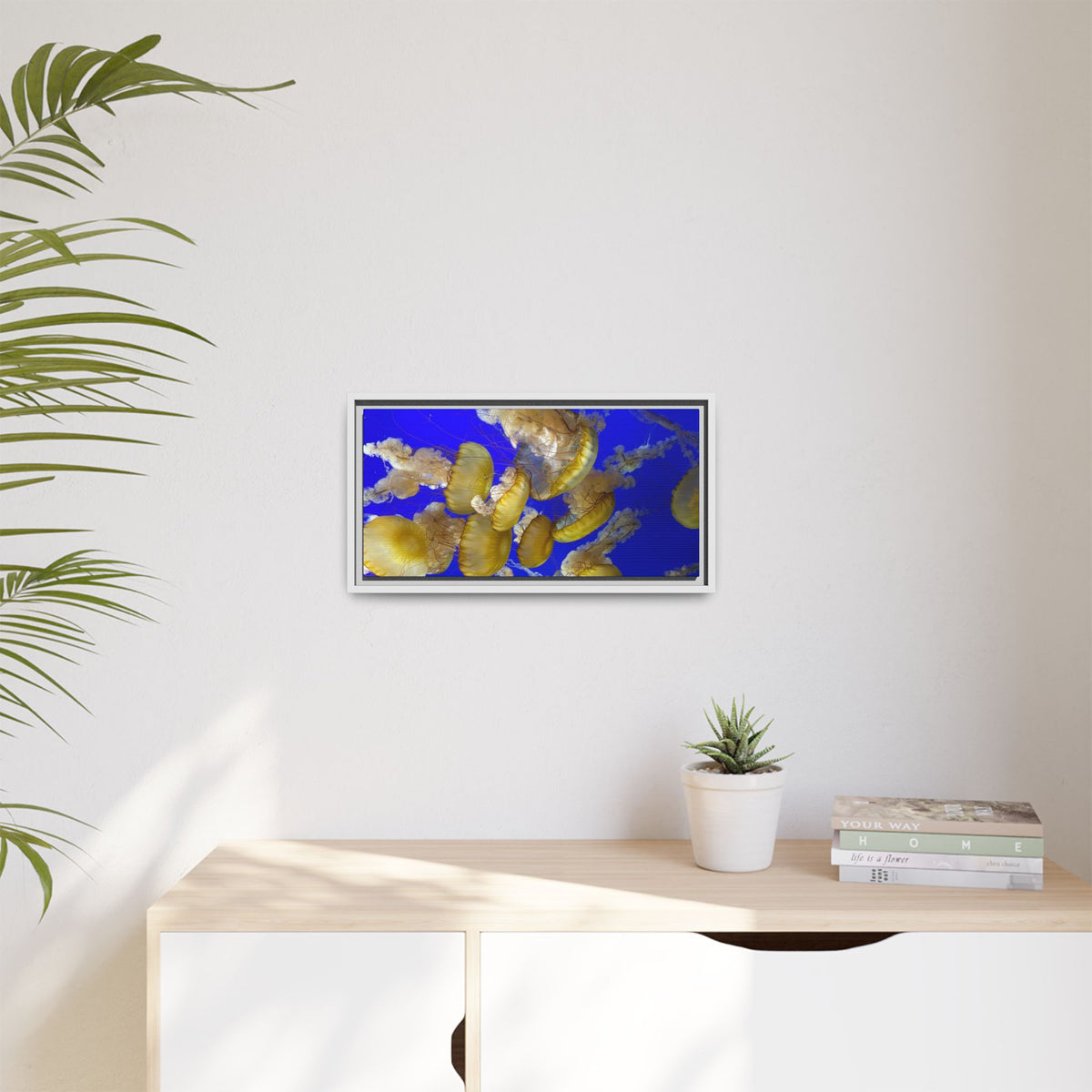 Framed Jellyfish Canvas Print — Golden Jellyfish on Deep Blue Matte