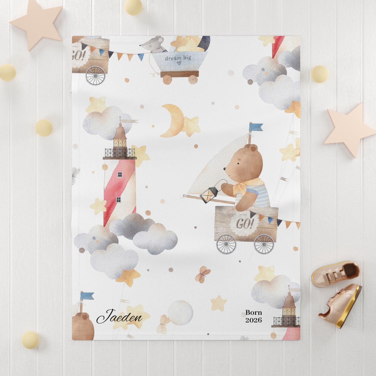 Personalized Baby Blanket - Cute Bear Rocket Nursery Fleece (Custom Name & Birth Year)