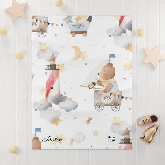 Personalized Baby Blanket - Cute Bear Rocket Nursery Fleece (Custom Name & Birth Year)